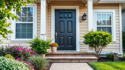 House Exterior with Dark Blue Door and Landscaping