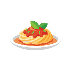 Pasta topped with sauce and garnished with a fresh green leaf, showcasing a delightful culinary presentation isolated flat vector illustration on white background