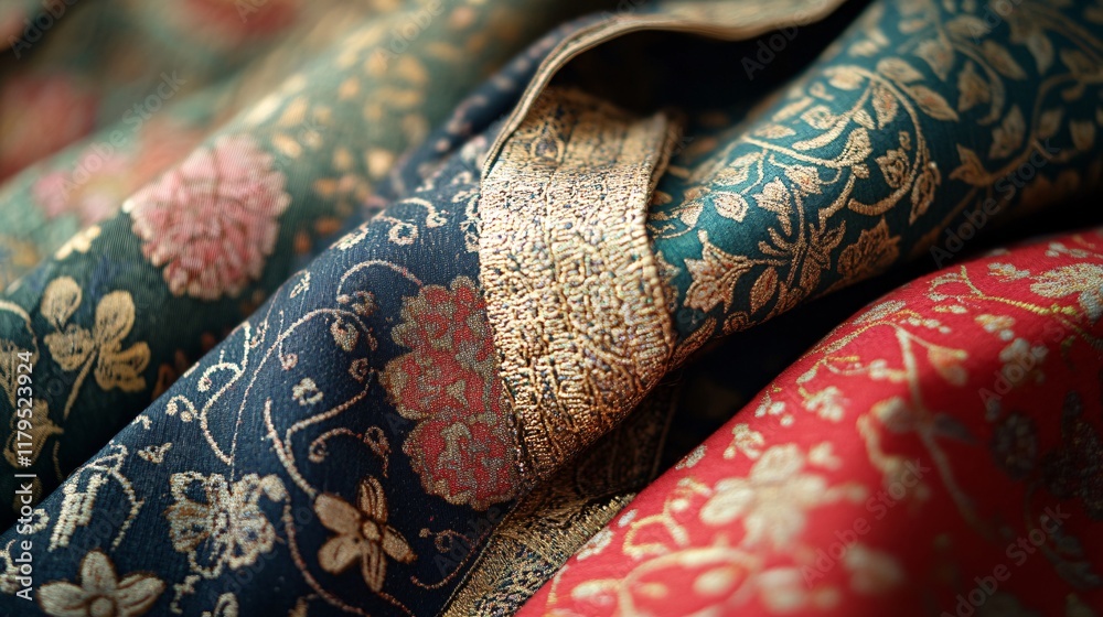 Poster colorful fabrics with floral and leaf patterns showing texture and detail