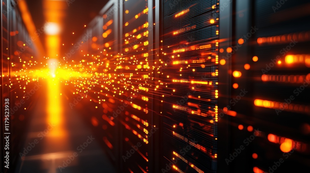 Poster vast corridor filled with rows of high-tech servers illuminated by soft ambient lighting creating a 