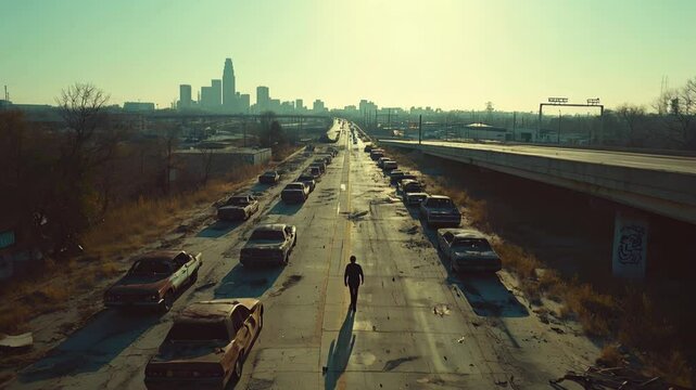 Lone person walking along abandoned highway with deserted cars, man on road overlooking city, concept of post apocalypse, dystopia. 