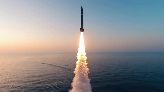 Ballistic rocket launch at sea with dramatic smoke and vapor, military missile starting from underwater in ocean. Concept of war, water. 