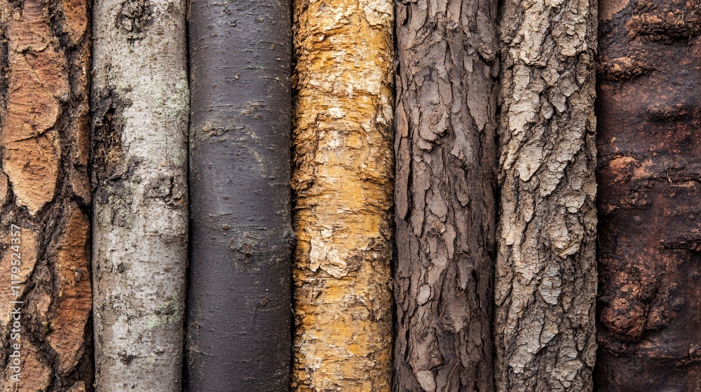 Poster Close up of tree trunks showing different textures and colors, creating a natural pattern