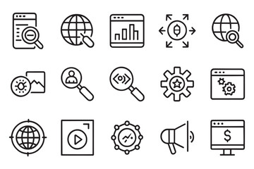 SEO Search Engine Optimization related editable stroke outline icon set flat vector illustration.