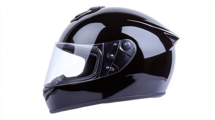 Fototapeta premium Shiny Black Motorcycle Helmet with Reflective Surface on White Background