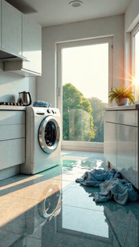 Leaky washing machine flooded the floor with water. Broken washing machine, leak causing damage, flooding problem