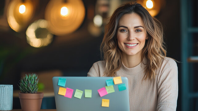 Smiling businesswoman brainstorming over coffee with sticky notes on laptop. She exudes confidence and creativity in cozy workspace
