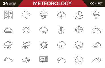 Set of outline icons related to weather. Linear icon collection. Editable stroke. Vector illustration.