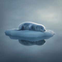 Naklejka premium A photo of a baby seal resting on an ice floe under a soft morning light.