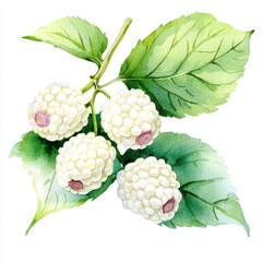 watercolor White mulberries with green leaves in watercolor illustration isolated design on white background