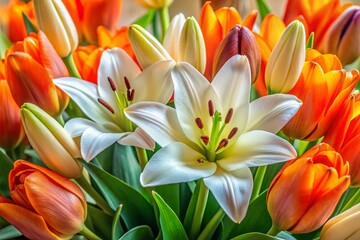 Elegant White Lily and Orange Tulip Bouquet - High-Resolution Stock Photo