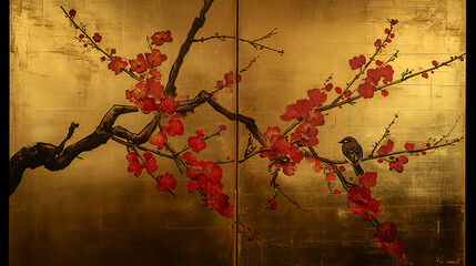 Japan, Japanese pattern, art, folding screen picture, gold, wabi, rust, Japanese spirit, Japanese painting, ink painting, ink painting, classic, ancient art, nightingale, bird, plant, vase, flower,