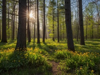 Obraz premium sunny clearing in the forest as a background with sun rays breaking through the tree crowns blooming forest flowers