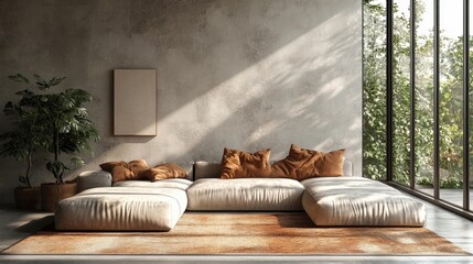 Modern Gray Sofa with Sunlit Interior. Generative AI