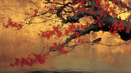 Japan, Japanese pattern, art, folding screen picture, gold, wabi, rust, Japanese spirit, Japanese painting, ink painting, ink painting, classic, ancient art, nightingale, bird, plant, vase, flower,