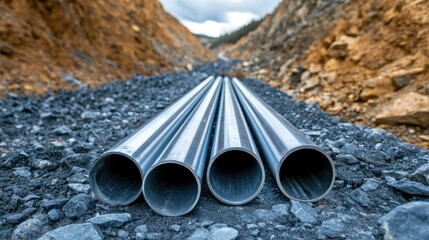 Stacked dirty steel tubes lay on the ground at a construction site, ready for water and gas service installation