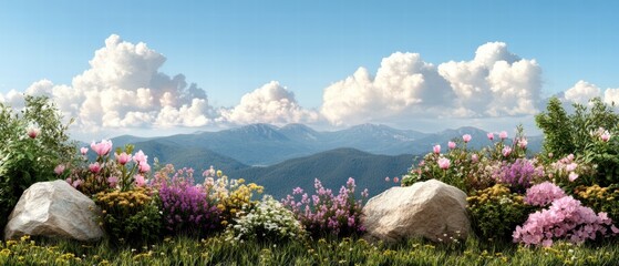 Naklejka premium Tranquil Springtime Bliss: Vibrant Blooming Flowers in Peaceful Countryside Landscape