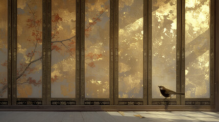 Naklejka premium Japan, Japanese pattern, art, folding screen picture, gold, wabi, rust, Japanese spirit, Japanese painting, ink painting, ink painting, classic, ancient art, nightingale, bird, plant, vase, flower,
