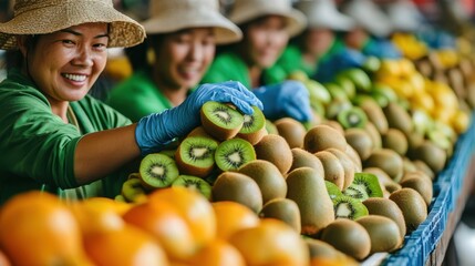 A group of smiling workers in hats and gloves arranges fresh kiwis, with other fruits, at the market, showcasing vibrant and healthy produce.