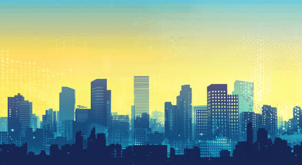 Fototapeta premium Modern Urban Skyline Silhouette At Sunrise In Vibrant Yellow And Blue Ideal For Cityscapes