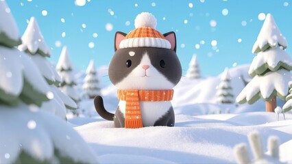 Adorable Cat in Scarf and Hat Enjoying a Snowy Winter Day. Cute and Plushy 3D Rendered Scene.