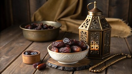 Fototapeta premium Ramadan Dates with an Ornate Lantern and Traditional Brass Lamp for Islamic Iftar and Festive Decor 