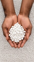 Obraz premium Rubber-gloved hands carefully hold small white beads above a textured white carpet scattered with larger acrylic powder granules