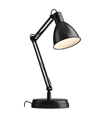 A black lamp with a white shade sits on a white background. The lamp is turned on, and the light is shining brightly. The lamp has a modern, sleek design