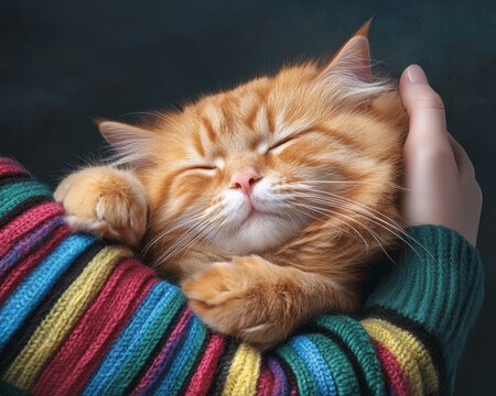 This heartwarming image captures a fluffy orange cat contentedly snuggled in a person's embrace, showcasing the bond between pets and their owners in a cozy atmosphere.