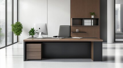 A modern office desk with a laptop, monitor, and plant. sleek, minimal design features open space, technology and productivity. room is empty, offering a clean and organized workspace