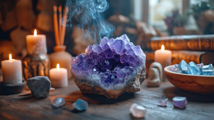 Fototapeta premium Amethyst geode with candles and crystals in cozy meditation setting. The concept of mysticism, rituals, astrology, fortune-telling, shamanism, tarot, seers, clairvoyants