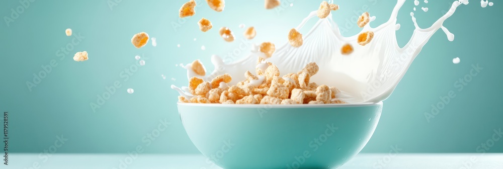 Poster cereal and milk splashing together in a bowl against a vibrant turquoise background, creating a live