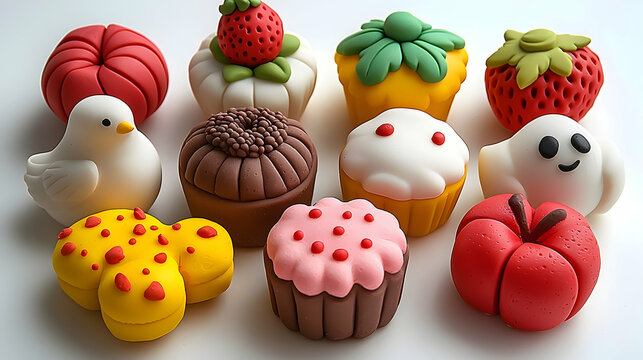 Adorable polymer clay food miniatures arranged on white background for baking blog, craft tutorial, or website decoration.
