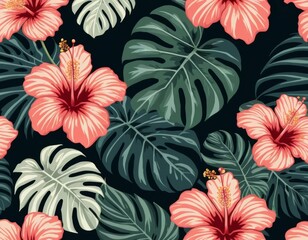 Tropical Hibiscus and Monstera Leaves Seamless Pattern: Vibrant Pink Flowers, Lush Green Foliage, Dark Background, Exotic Floral Design
