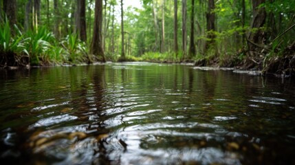 Obraz premium Serene Forest Creek Tranquil Water, Lush Greenery, Natural Beauty