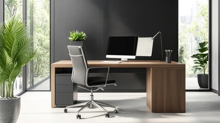 A modern office desk with a laptop, monitor, and plant. sleek, minimal design features open space, technology and productivity. room is empty, offering a clean and organized workspace