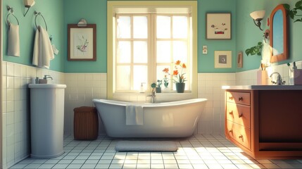 Bright and Inviting Bathroom Interior with Modern Bathtub and Natural Light Streaming Through Windows