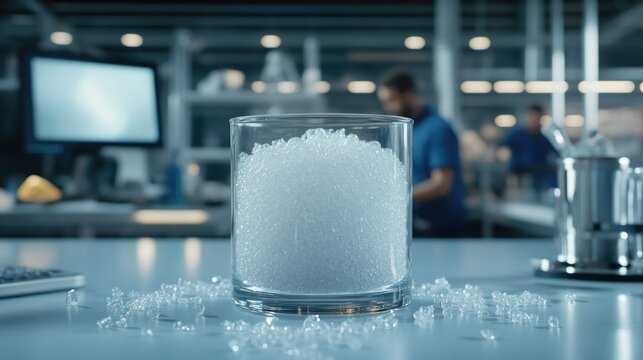 Laboratory worker measures white granules of plastic, focusing on precise formulation within a production environment