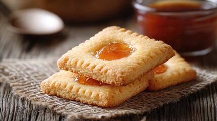Delicious jam-filled cookies on rustic burlap background. Happy Purim