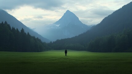 Fototapeta premium Solitary figure walking across a vast green field, majestic mountains in the background.