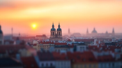 Obraz premium Blurred Cityscape at Sunrise with Golden Hues and Peaceful Atmosphere