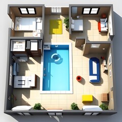 Beautiful large home with pool and backyard in the background, wide angle shot, sunny day, blue sky, high resolution
