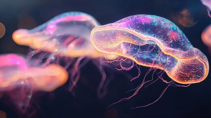 Obraz premium Ethereal Jellyfish Floating in Cosmic Space with Vibrant Colors and Glowing Tentacles