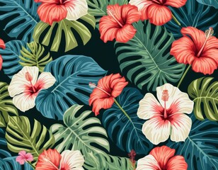 Vibrant Tropical Hibiscus and Monstera Leaves Seamless Pattern: Exotic Floral Design for Textile, Fabric, Wallpaper