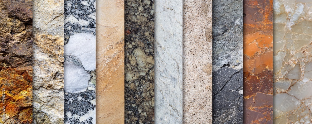 Poster collection of vertical stripes showing different rock and stone textures