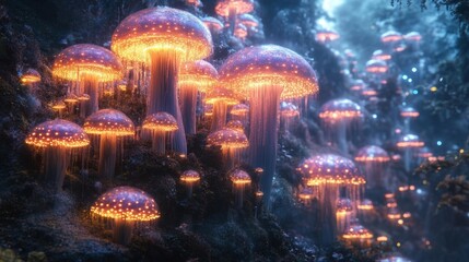 Fototapeta premium Futuristic Bioluminescent Mushroom Landscape. Generative AI