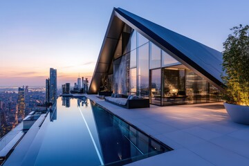 A sleek modern penthouse with sharp edges, a rooftop pool, and panoramic city views
