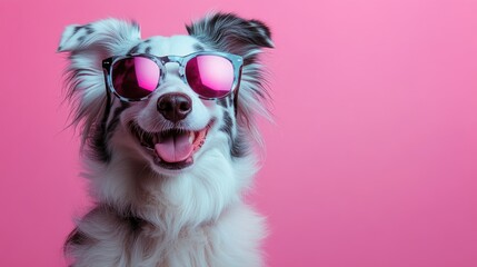 Stylish dog with sunglasses against pink background smiling happily. The 14th of February. Happy Valentine's Day