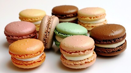 Fototapeta premium Colorful Assortment of Delicious French Macarons Arranged Neatly on a White Background, Showcasing Their Unique Flavors and Textures