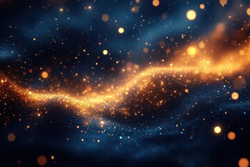 ethereal golden light particles dancing in deep blue space, abstract bokeh background with magical floating elements and soft glow effect